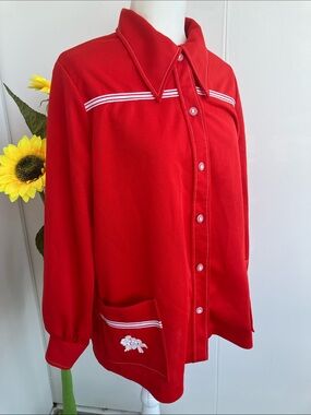 Vintage 60s 70s Red Polyester Dagger Collar Button Up Blouse White Floral Detail